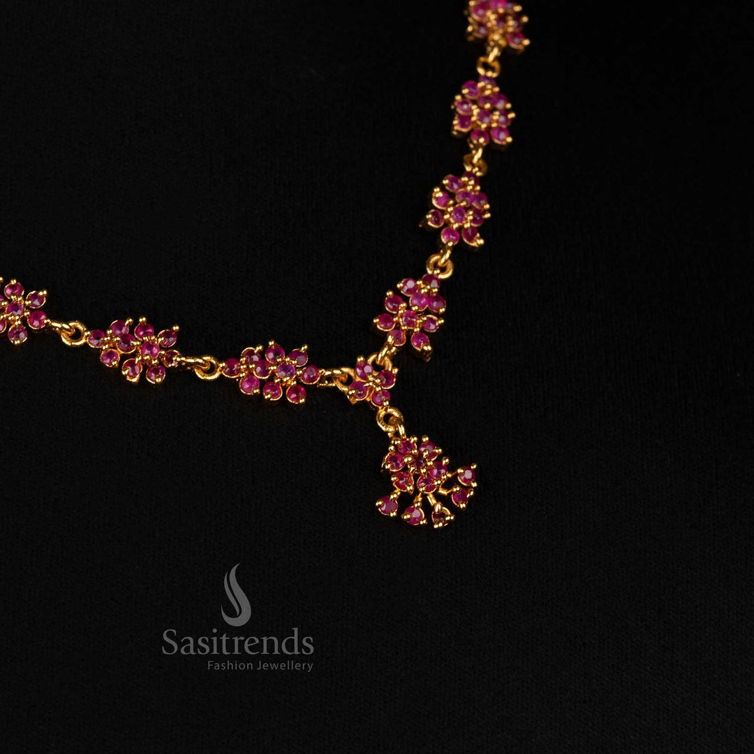 Vibrant Stone Studded Micro Gold Plated Floral Cluster Necklace Set With Ruby Red Sparkling Stones And Delicate Petal Motifs Traditional Festive Jewellery Looks Like Real Gold - Sasitrends