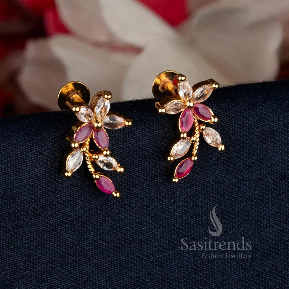 Ornate white-ruby micro gold plated AD stone marquise floral vine stud earrings designed for grand weddings and festive cultural occasions – Sasitrends