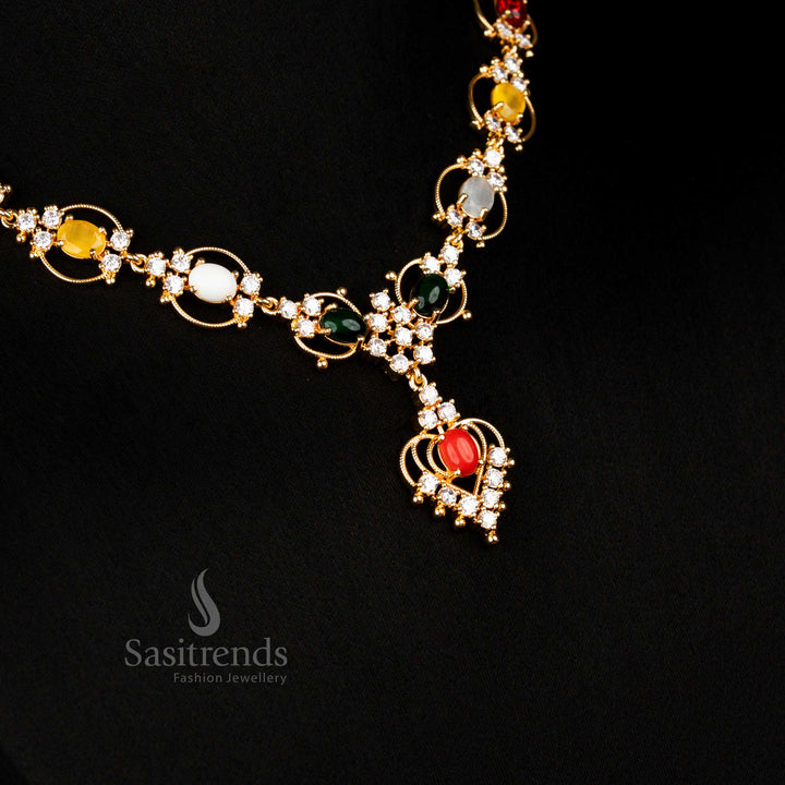 Grand micro gold plated guaranteed American diamond navaratna necklace jewellery set with earrings crafted for festive wear - Sasitrends