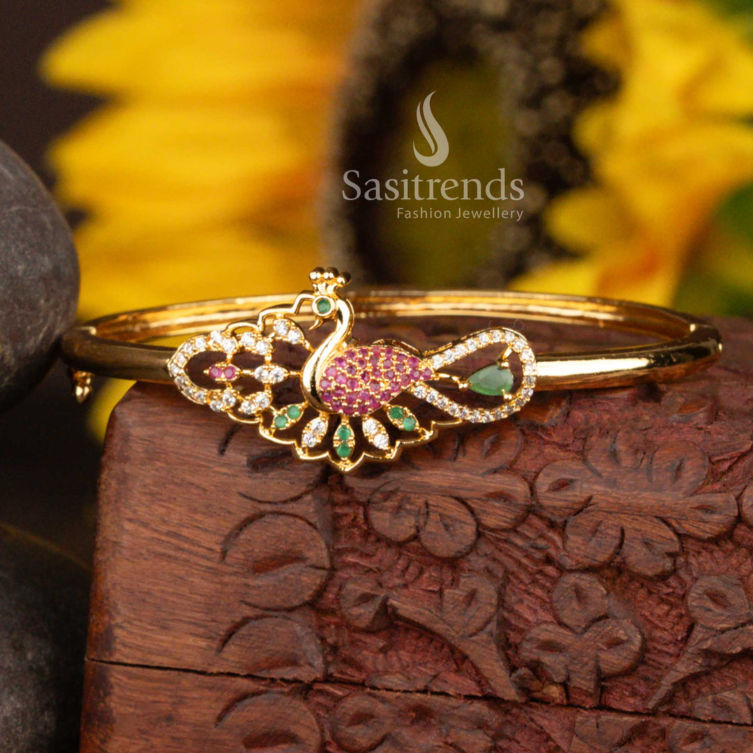 Vibrant multi-colour American Diamond micro gold plated openable peacock design bracelet – Regal glamour blended with traditional elegance, a captivating jewellery masterpiece for festive and party wear – Sasitrends