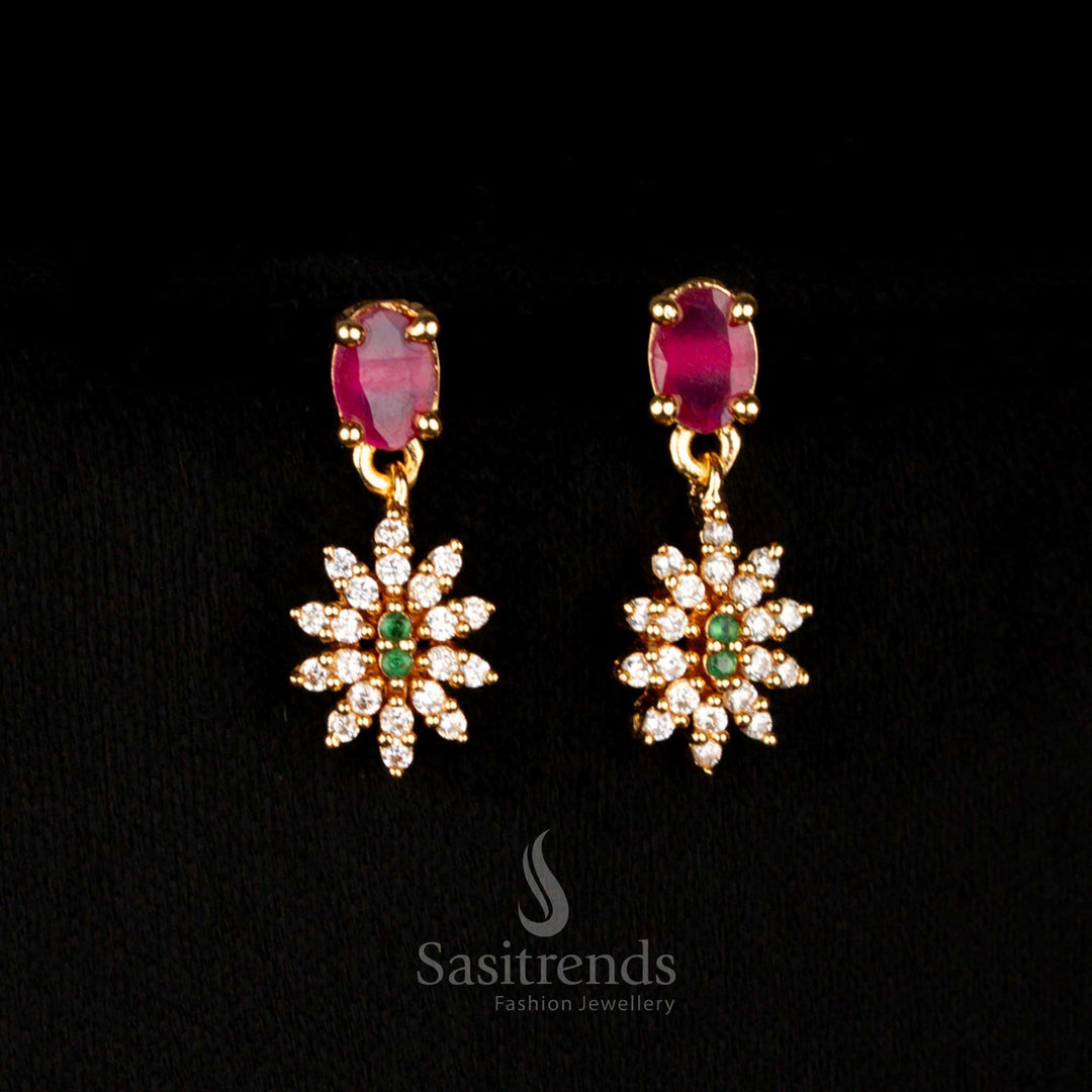 Traditional micro gold plated American Diamond earrings with floral detailing and radiant multi-colour oval stones, finished in a graceful drop design for festive charm – Sasitrends
