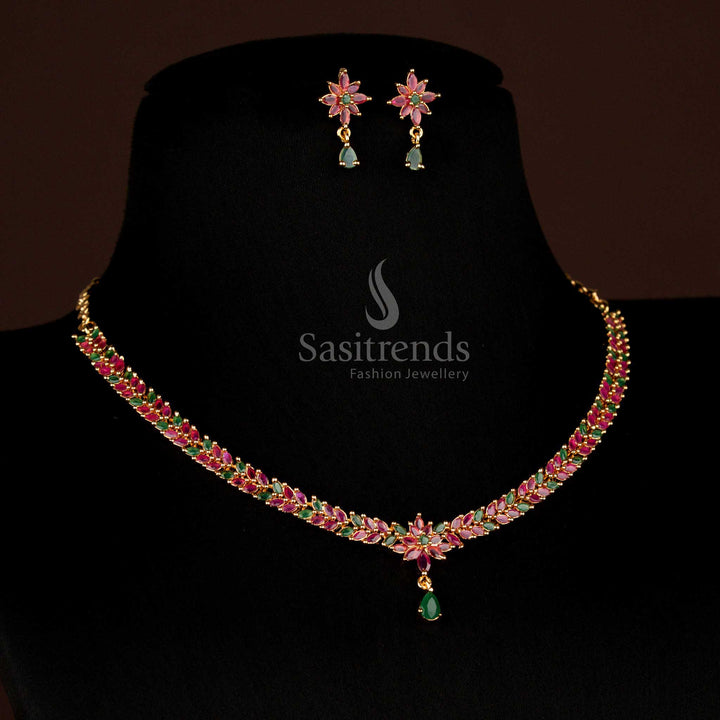 Heritage-inspired guaranteed micro gold American Diamond leaf cluster necklace set with ruby–green marquise stones, delicate floral vine accents, and a teardrop pendant perfect for grand festive occasions – Sasitrends