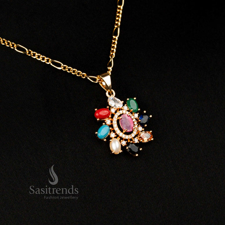 Heritage micro gold plated American diamond oval pendant chain necklace in navarathna with earrings for bridal and cultural wear - Sasitrends