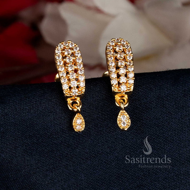 Pristine White Micro Gold Plated AD Stone Rectangular Drop Earrings featuring delicate filigree accents, designed to elevate traditional attire with timeless charm — Sasitrends