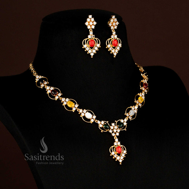 Grand Micro Gold Plated Guaranteed American Diamond Navaratna Necklace Jewellery Set For Festive Wear