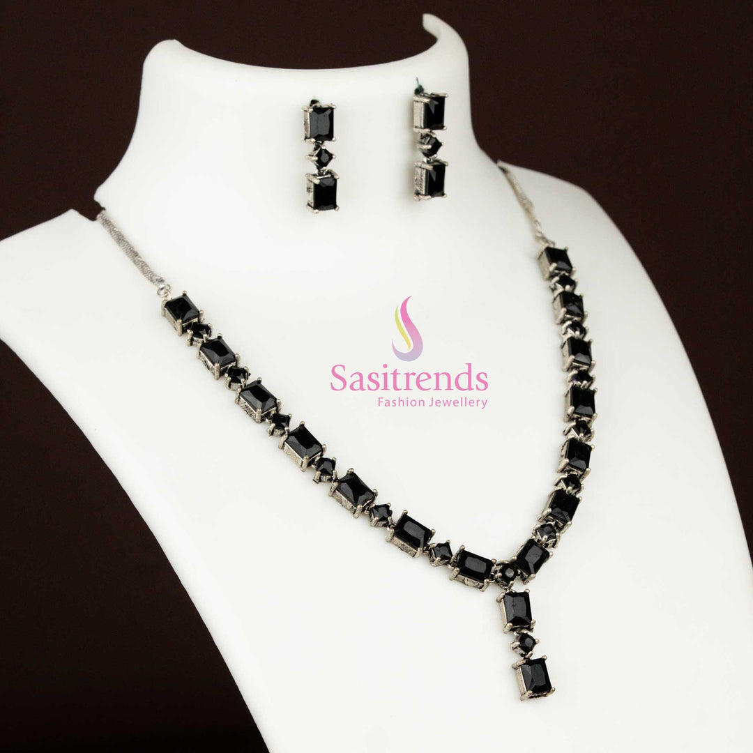 Elegant Oxidised Silver Rectangular Stone Necklace Set with black stones, ideal for ethnic Navaratri and evening party wear – Sasitrends