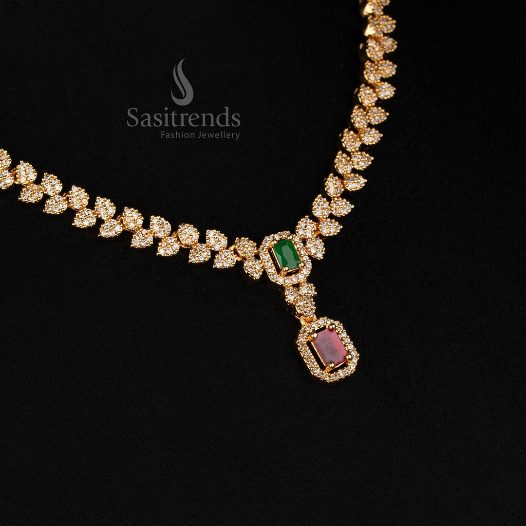 Vibrant multi-tone micro gold necklace with dazzling American diamond leaf motifs and rectangular stone pendant – festive jewellery set with earrings – Sasitrends