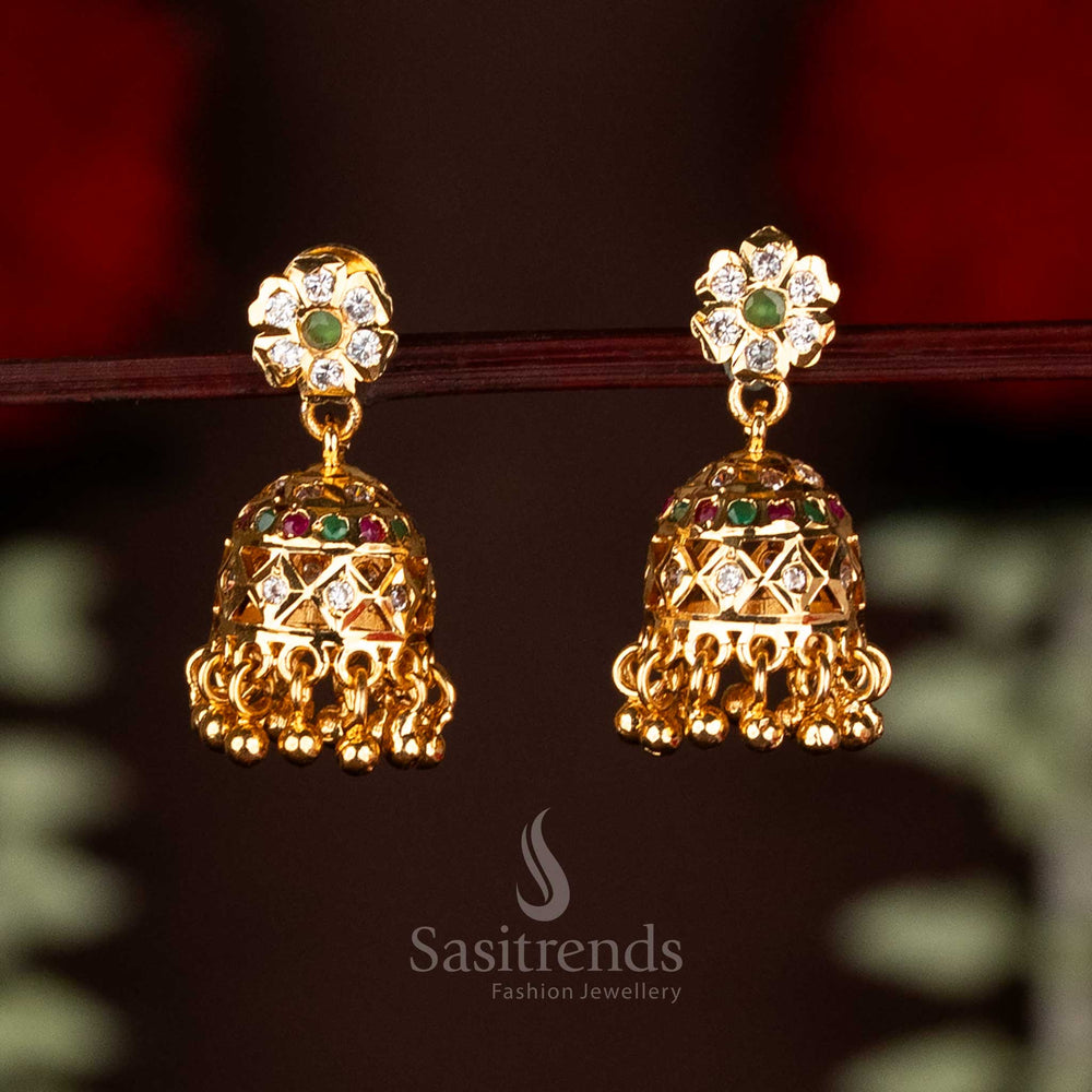 Exquisite multi micro gold plated guaranteed Impon Addigai AD stone flower stud top jhumka earrings, designed for festive cultural occasions and bridal traditional elegance by Sasitrends