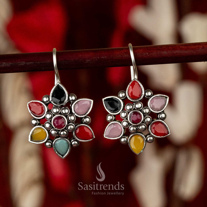 Sasitrends - Handcrafted Oxidised Floral Earrings with Teardrop Gemstones