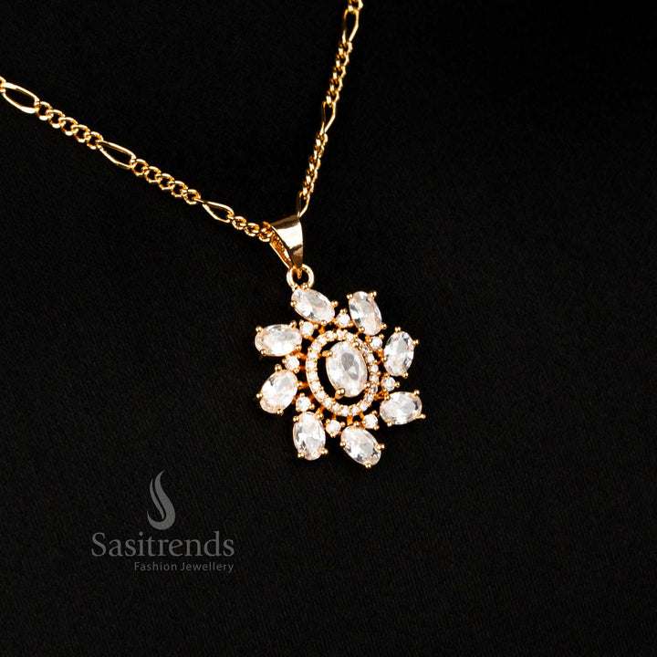 Magnificent micro gold plated American diamond oval pendant chain necklace in white with earrings for celebrations and traditional wear - Sasitrends