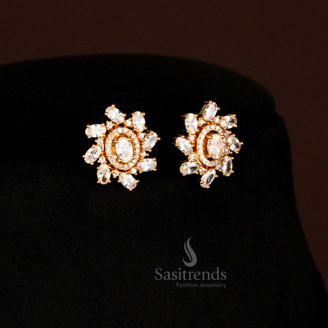 Elegant micro gold plated American diamond oval stone earrings in white for bridal and cultural wear - Sasitrends