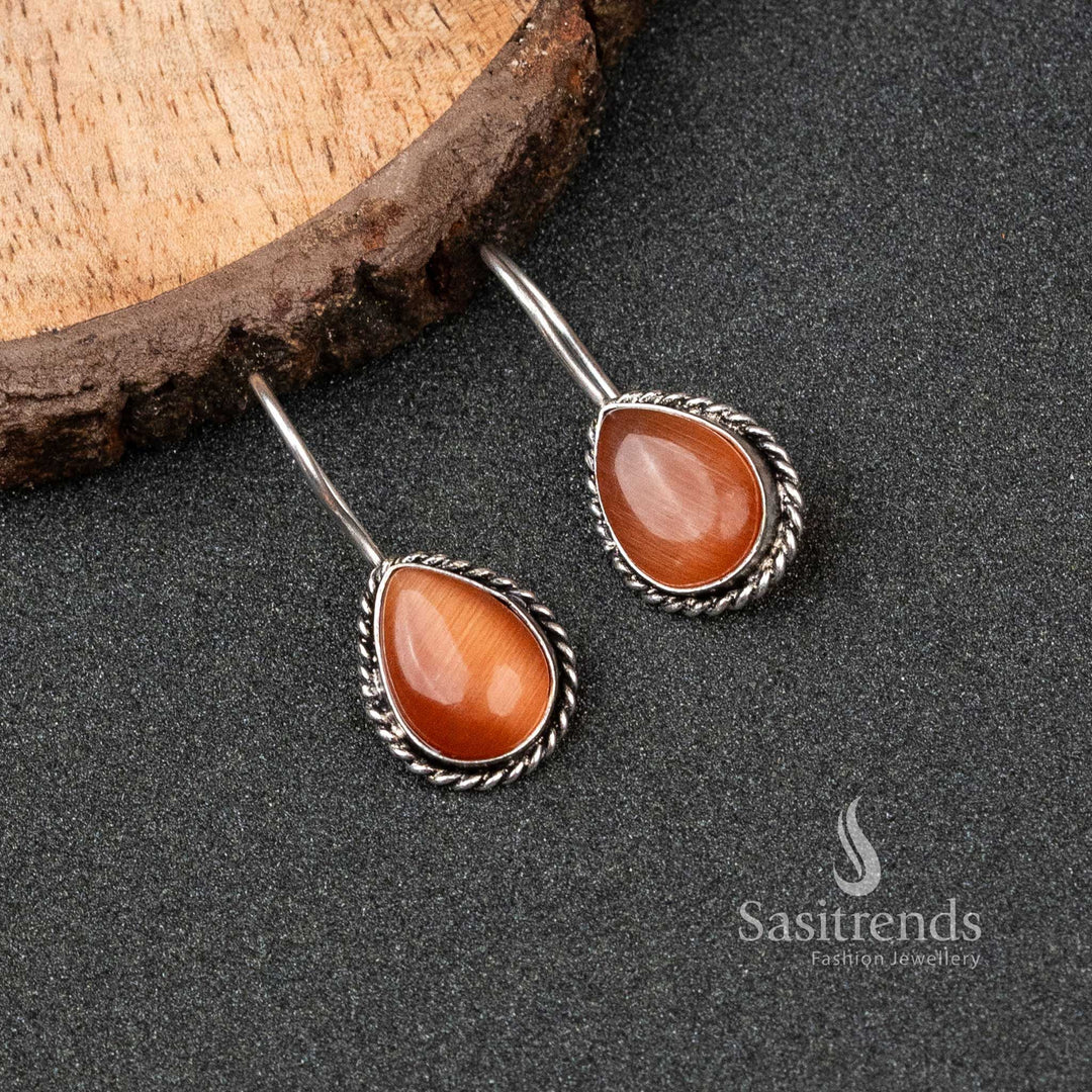 Office Wear Oxidised German Silver Water Drop Monalisa Stone Earrings