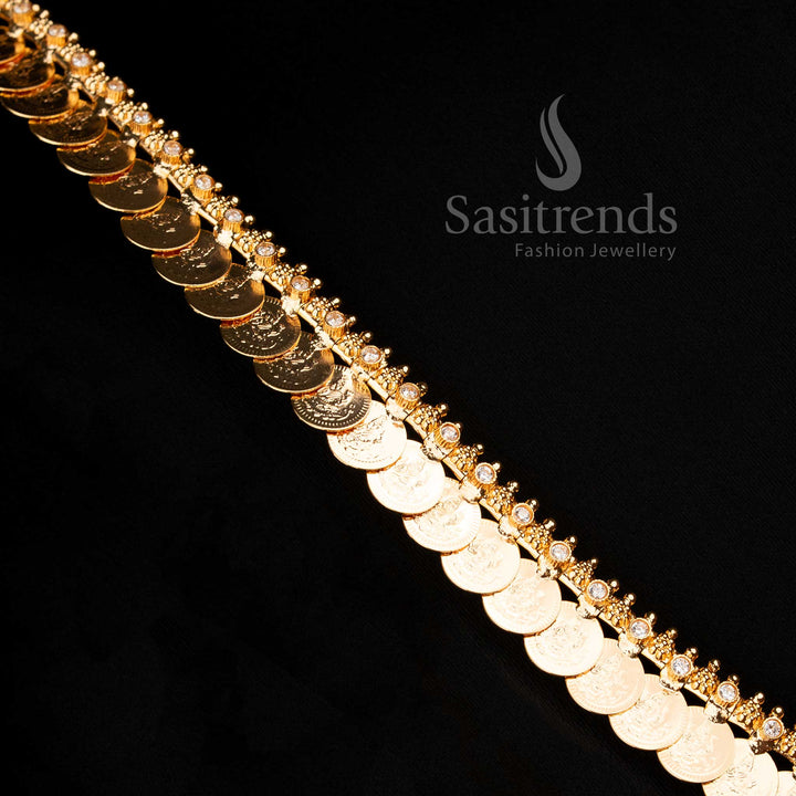 Elegant guaranteed one gram micro gold plated Kerala necklace jewellery featuring Lakshmi coin and white stone, perfect for traditional festive wear and bridal ensembles with intricate craftsmanship by Sasitrends