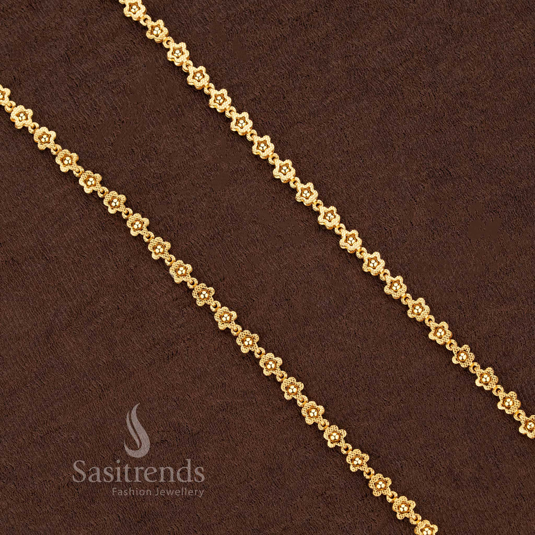 Heritage-inspired micro gold plated necklace featuring intricate floral motifs and traditional bead detailing, designed for a royal jewellery look during festive celebrations – Sasitrends