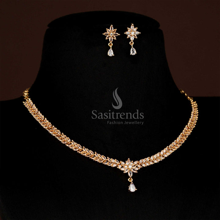 Luxury guaranteed micro gold American Diamond leaf cluster necklace jewellery set in pure white shade, showcasing marquise stone floral vine artistry with a matching teardrop pendant for classic bridal elegance – Sasitrends