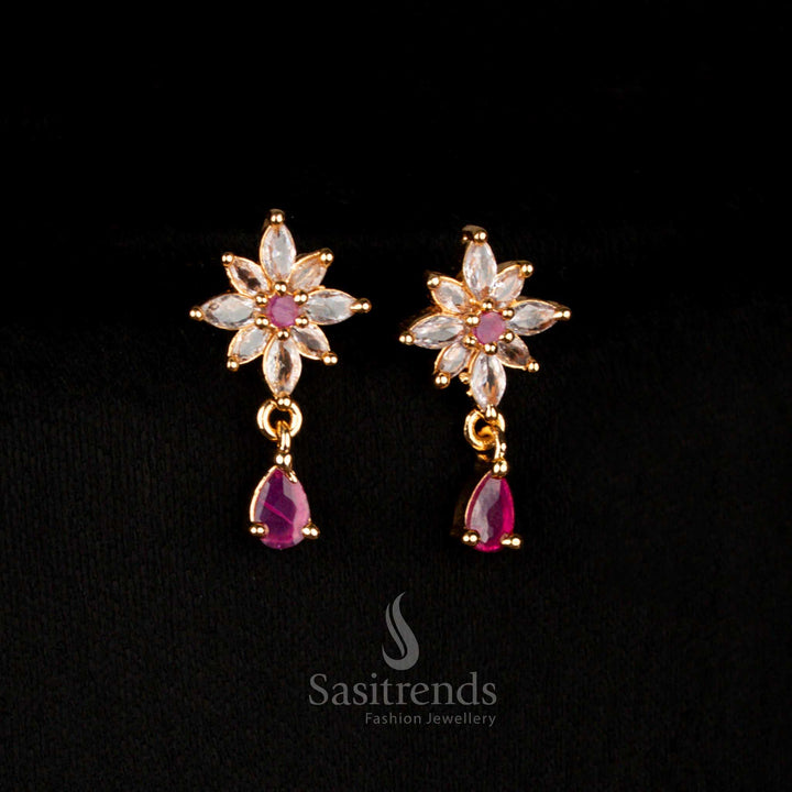 Grand guaranteed micro gold American Diamond earrings with marquise stone floral vine design in sparkling white and rich ruby hues, finished in a graceful drop silhouette – Sasitrends
