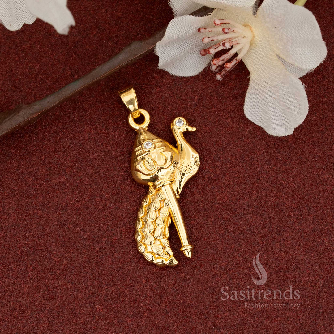 Regal micro gold plated peacock vel pendant with sparkling white AD stones – traditional temple jewellery masterpiece that resembles real gold – Sasitrends