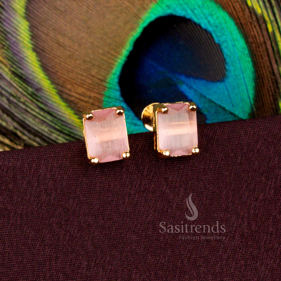 Opulent micro gold plated rectangular AD stud earrings in pink stone elegance with 24 carat pure gold look designed for bridal haldi, weddings, and festive wear - Sasitrends