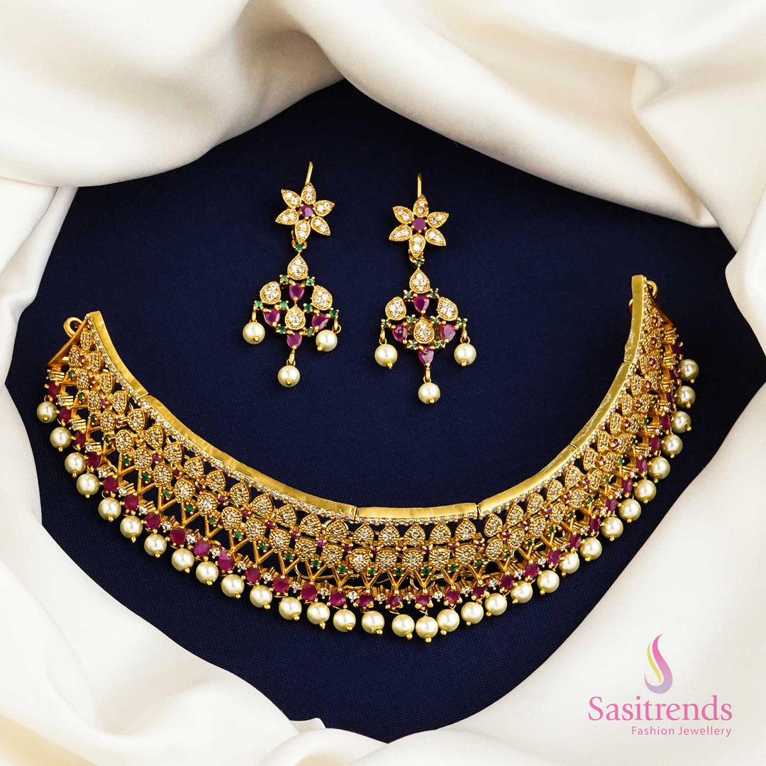 Regal temple-style matte gold choker jewellery set featuring radiant AD stones and ornate floral patterns – a bridal treasure for festive elegance – Sasitrends