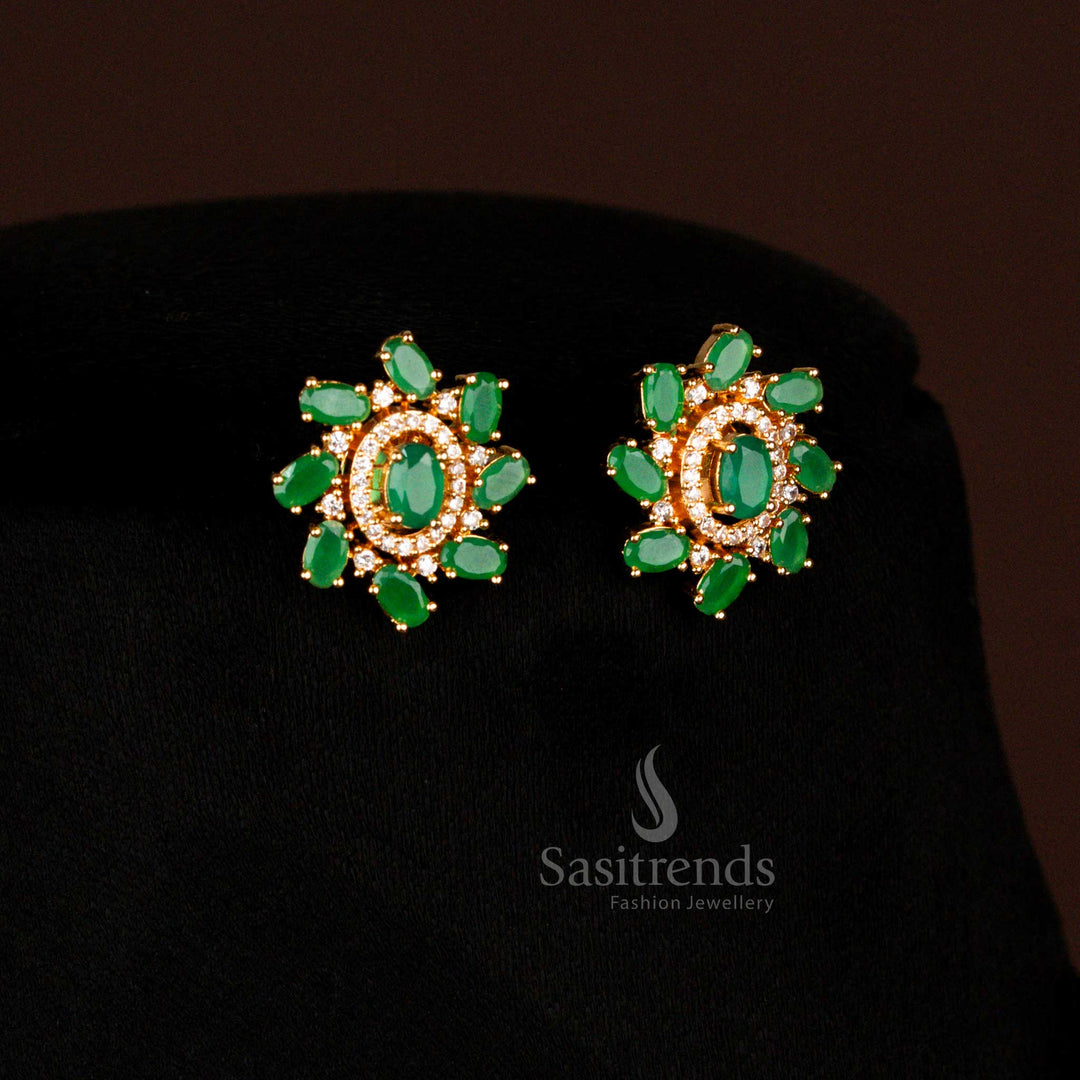 Charming micro gold plated American diamond oval stone earrings in green for festive and wedding wear - Sasitrends
