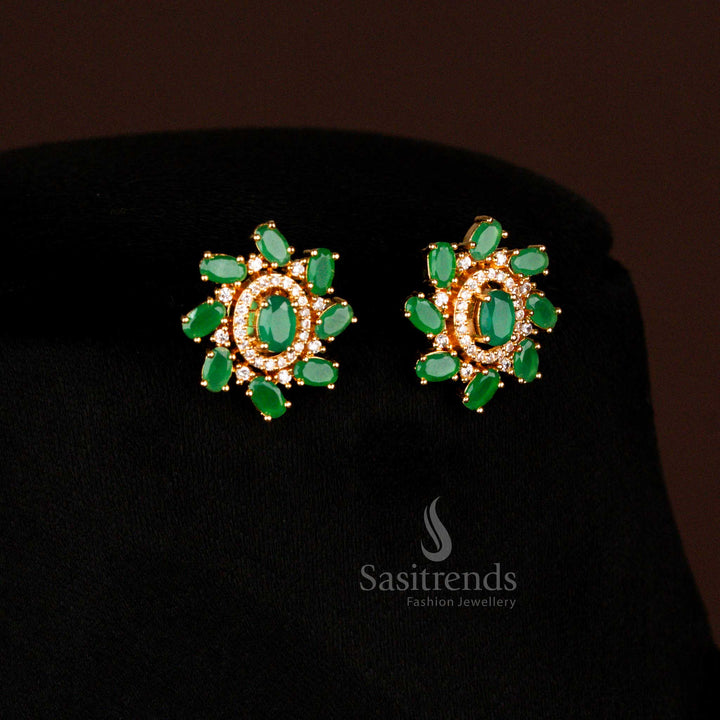 Charming micro gold plated American diamond oval stone earrings in green for festive and wedding wear - Sasitrends