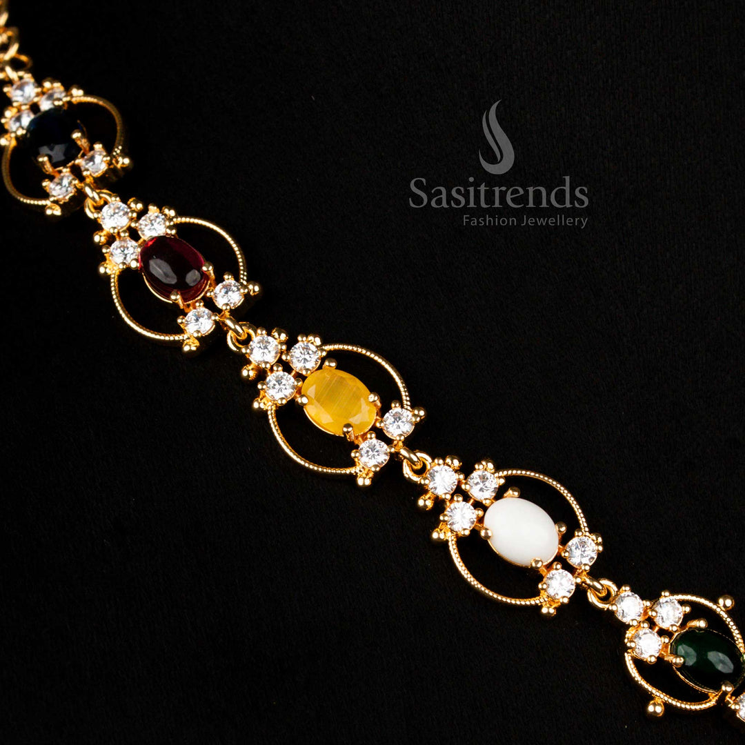 Exquisite micro gold plated guaranteed American diamond navaratna necklace jewellery set with earrings suited for grand celebrations - Sasitrends