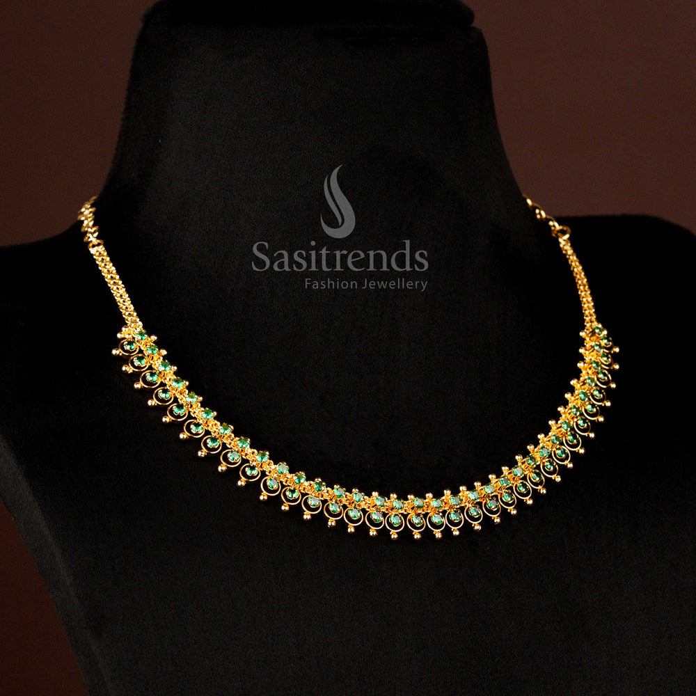 Royal One Gram Micro Gold Plated Green Layered AD Stone Necklace Featuring Intricate Multi Row Circular Stones For Bridal And Traditional Events - Sasitrends