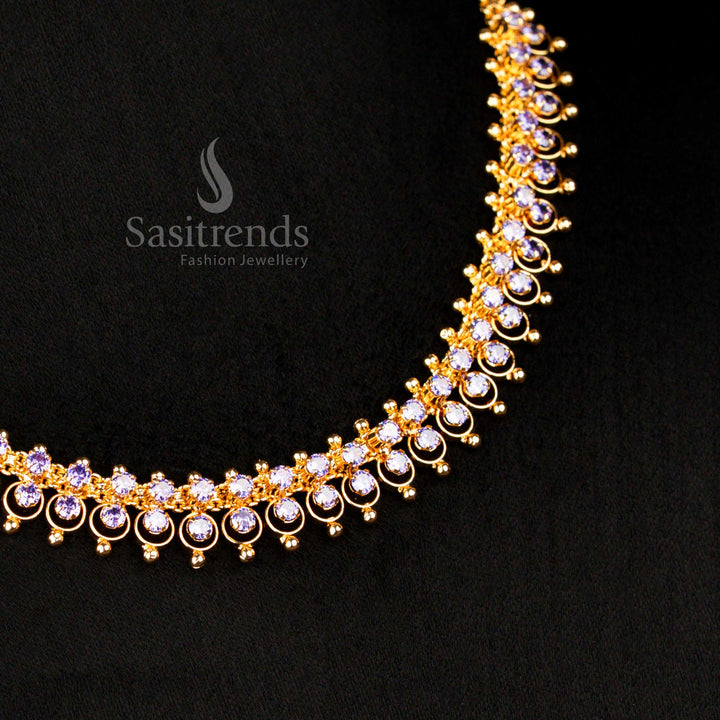 Elegant Handcrafted Micro Gold Plated Lavender Layered AD Stone Necklace Featuring Multi Row Circular Pattern Ideal For Bridal And Festive Occasions - Sasitrends