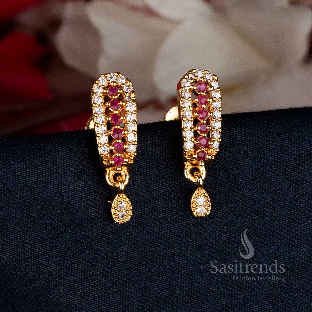 Gleaming Micro Gold Plated AD Stone Rectangular Drop Earrings with white and ruby accents, ideal for festive wear, temple visits, and traditional celebrations — Sasitrends