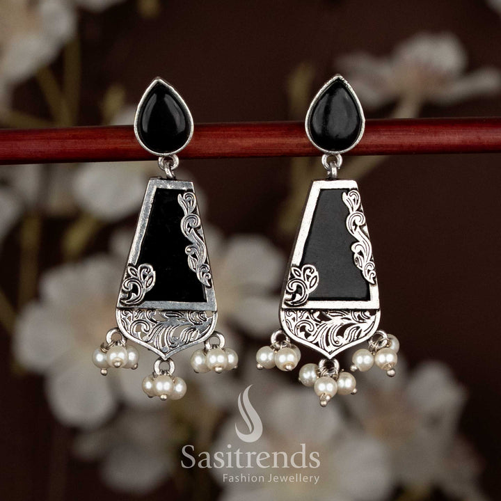 Classic black oxidised teardrop stud trapezoid drop earrings that enhance ethnic elegance, ideal for Navaratri festive saree wear by Sasitrends
