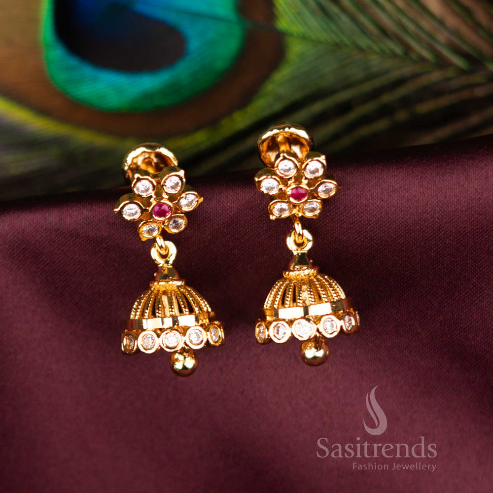 Elegant Traditional One Gram Micro Gold Plated White With Ruby Impon Floral Jhumka Earrings Ideal For Festivals And Ethnic Look - Sasitrends