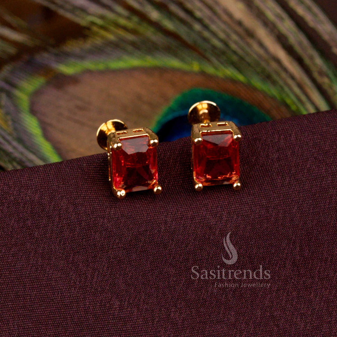 Premium micro gold plated rectangular AD stud earrings in crimson red with 24 carat pure gold look designed for bridal wear, engagement parties, and ceremonial occasions - Sasitrends