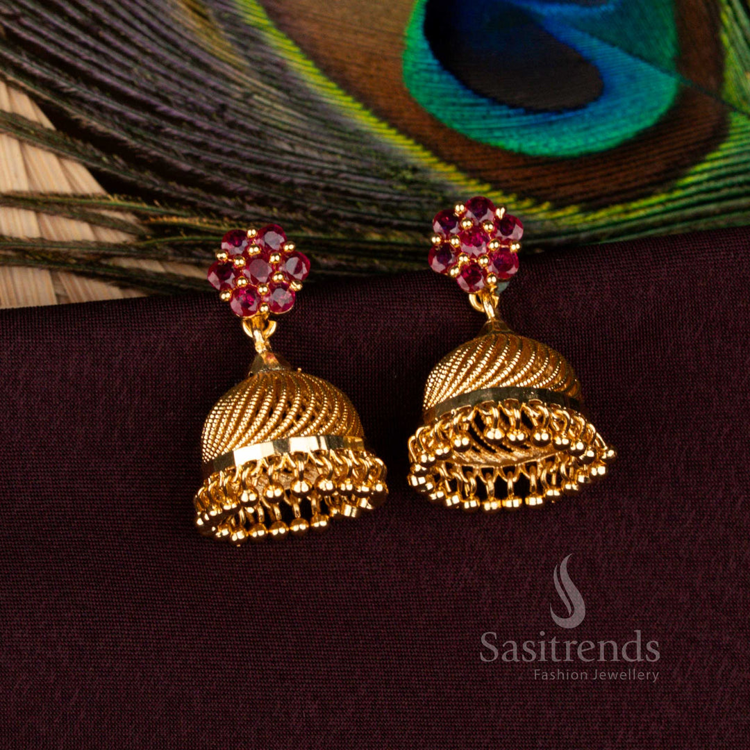 Classic Handcrafted Ruby Floral Jhumka Earrings With Micro Gold Plated Design Made For Party And Ethnic Functions - Sasitrends