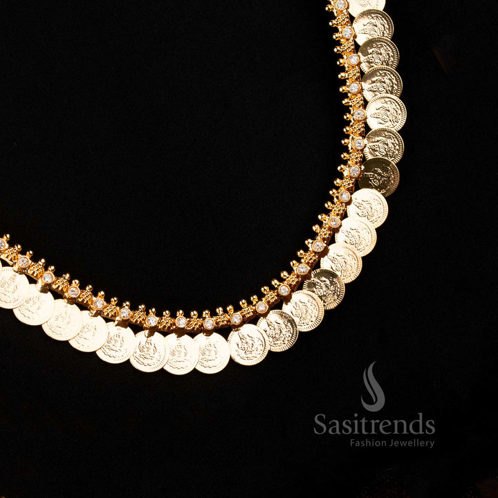 One gram micro gold plated Kerala necklace jewellery adorned with Lakshmi coin and white stone, ideal for traditional bridal looks and festive occasions with heritage-inspired artistry by Sasitrends