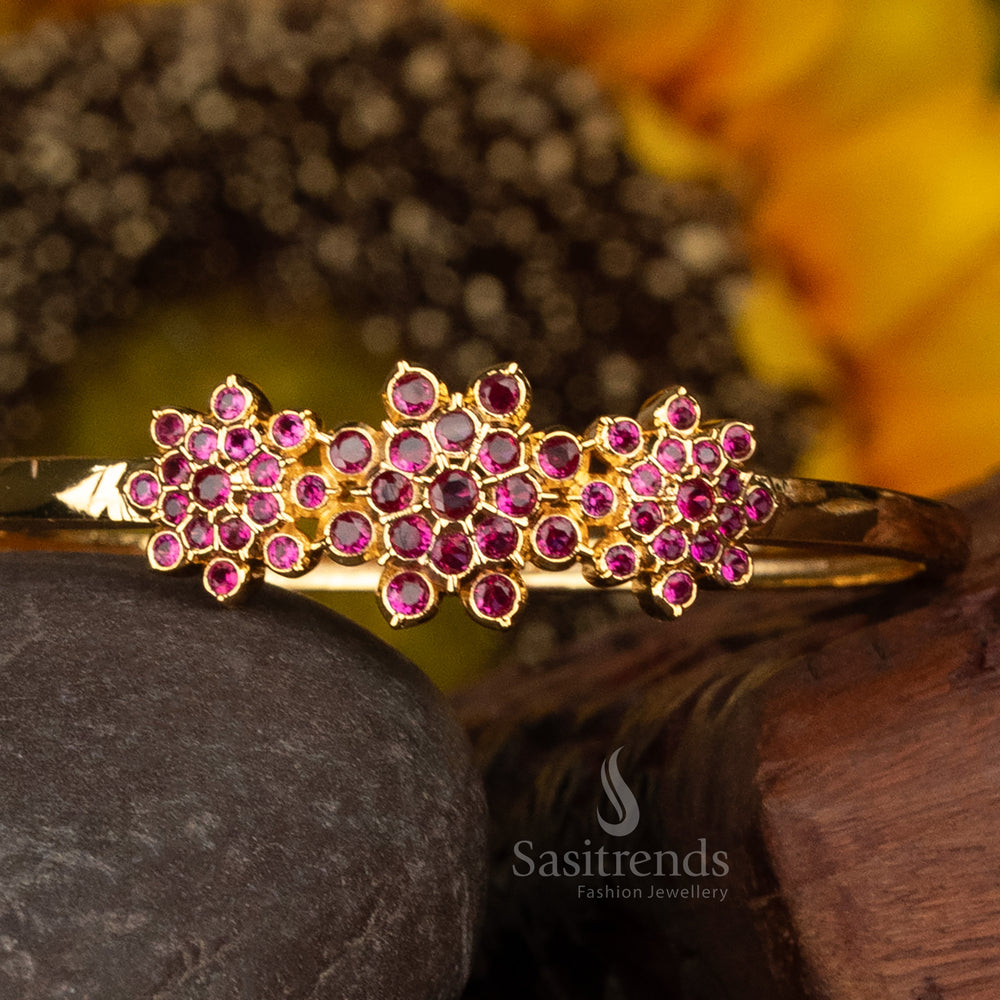 Premium ruby stone floral design openable bracelet in micro gold plating, handcrafted with 24 carat gold for lustrous party wear guaranteed AD jewellery – Sasitrends