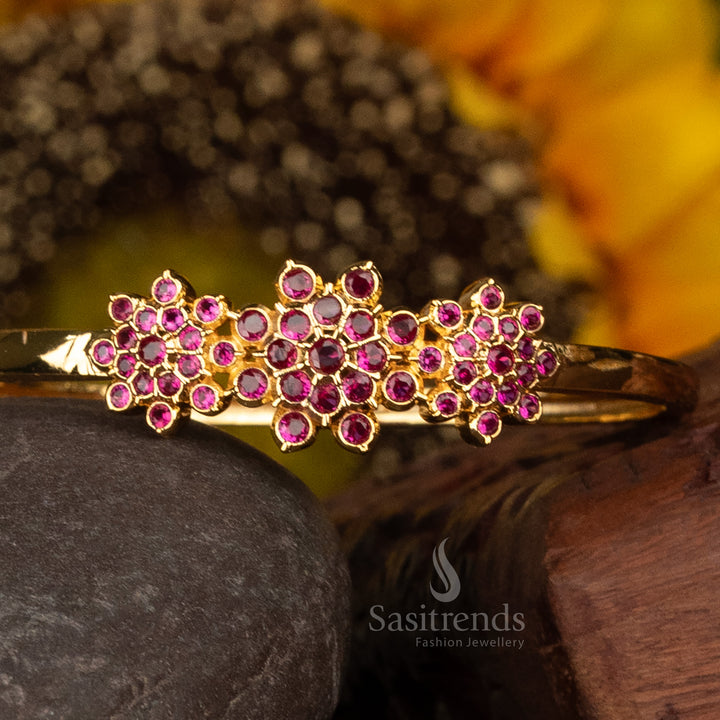 Premium ruby stone floral design openable bracelet in micro gold plating, handcrafted with 24 carat gold for lustrous party wear guaranteed AD jewellery – Sasitrends
