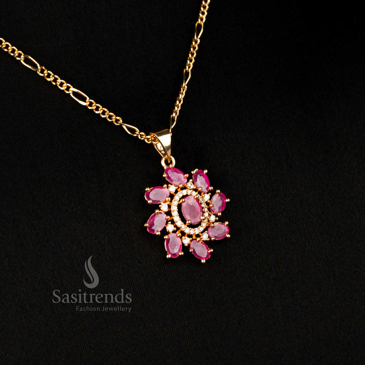 Majestic micro gold plated American diamond oval pendant chain necklace in white ruby with earrings for grand celebrations - Sasitrends