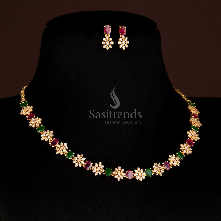 Traditional Micro Gold Plated American Diamond Floral Necklace Jewellery Set with Oval Stones