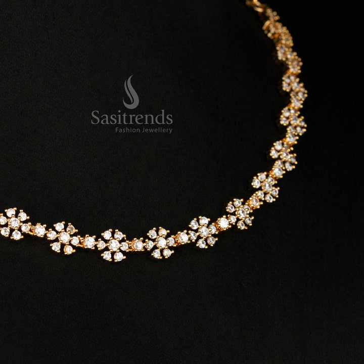Regal floral necklace set with sparkling American Diamond stones and matching earrings, micro gold plated in one gram guarantee – perfect festive jewellery by Sasitrends