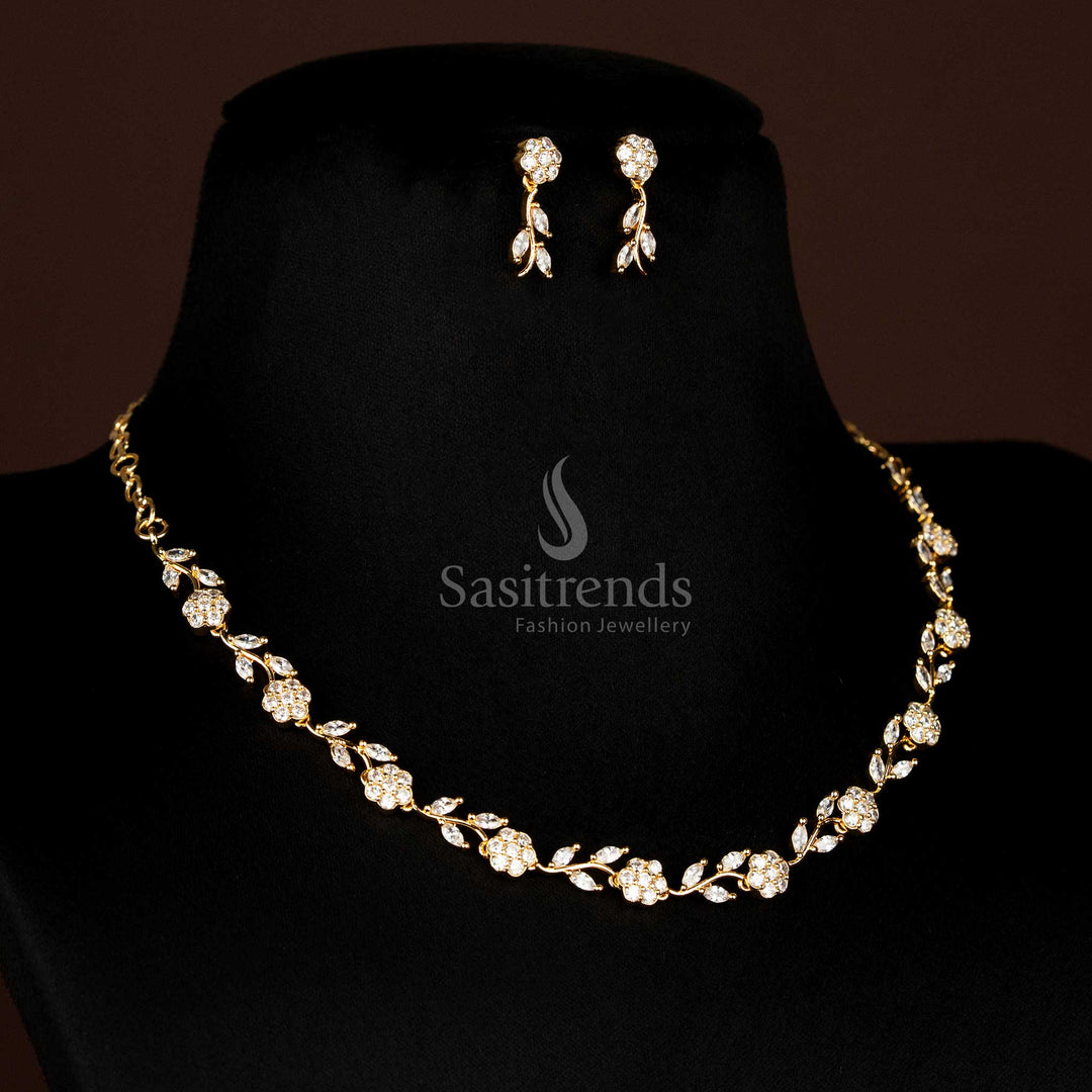 Elegant Floral Leaf American Diamond Micro Gold Plated Necklace Set In Classic White Tone With Real Gold Finish Look - Sasitrends