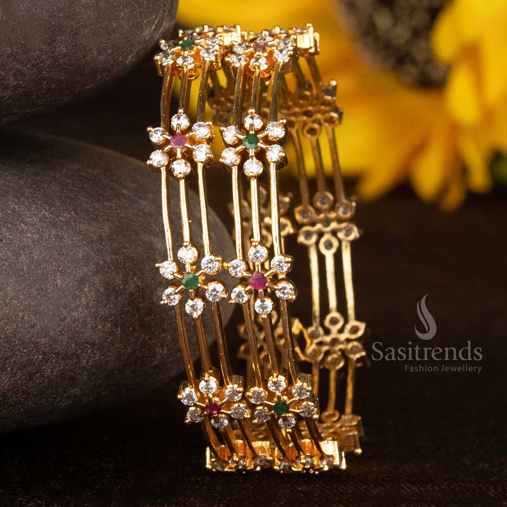 Carnival Gleam multi-colour micro gold bangles with fine American diamond finish and detailed festive design motifs – Sasitrends