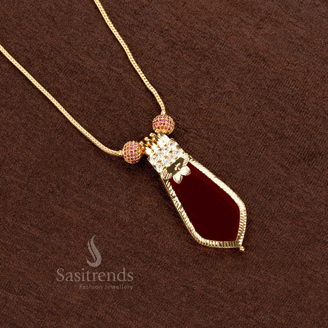 Exquisite handcrafted Kerala traditional temple jewellery-style red Palakka Nagapadam pendant necklace with one gram gold plating and AD ball highlights - Sasitrends