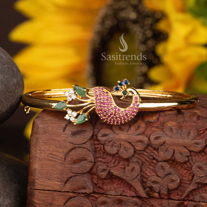 Luxurious multi-stone peacock motif American Diamond openable bracelet in 24 carat pure micro gold plating – Guaranteed quality with real gold look, traditional festive jewellery with royal elegance – Sasitrends