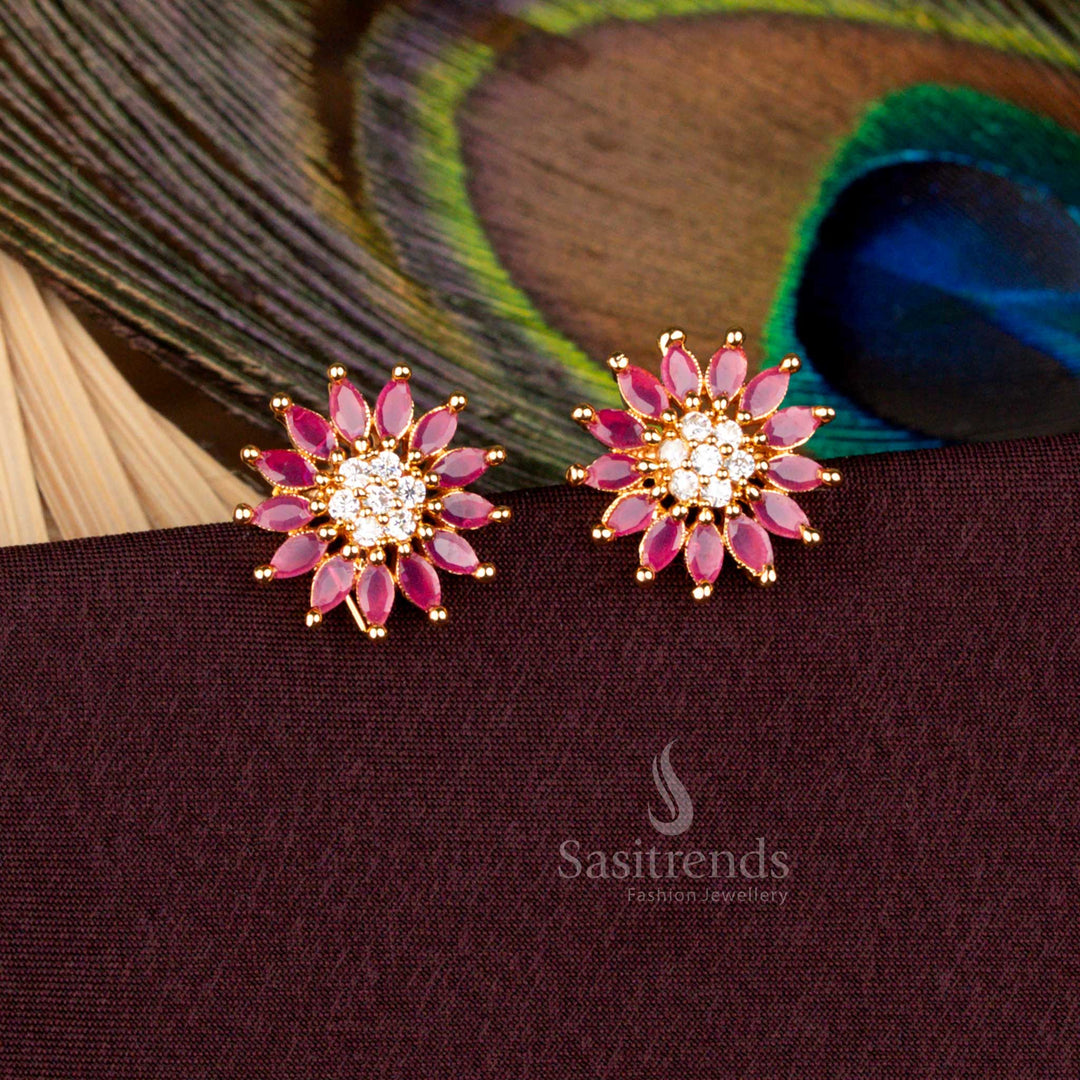 Splendid ruby-white floral AD stud earrings crafted with micro gold artistry in a 24 carat gold look, styled for cultural celebrations, festive gatherings, and heritage wedding jewellery - Sasitrends