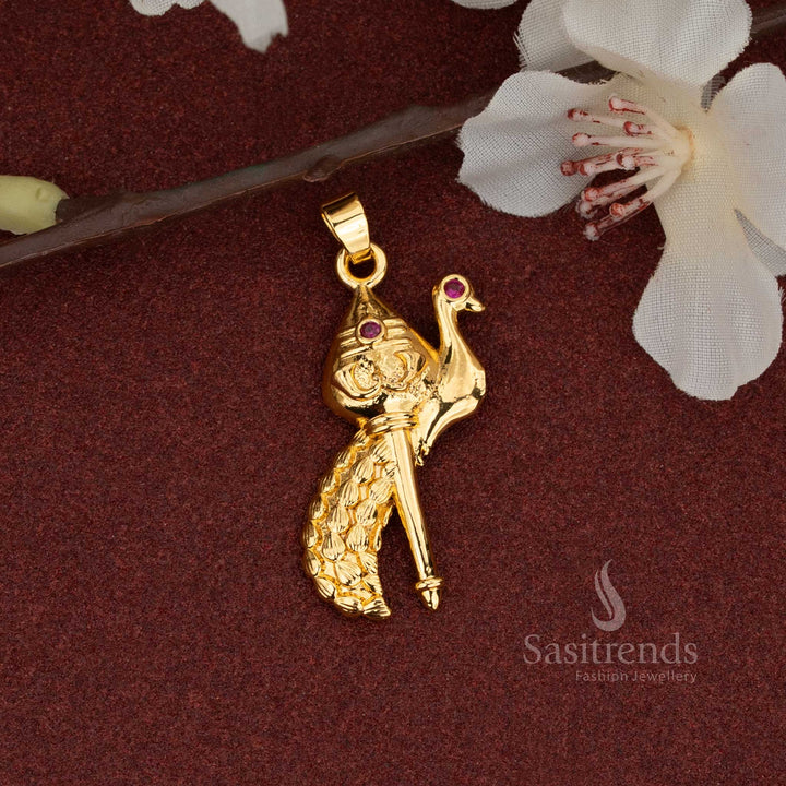 Majestic Micro Gold Plated Peacock Vel Pendant with centre ruby stone, boasting regal opulence and fine artistry for a heritage-inspired luxury statement – Looks like real gold - Sasitrends