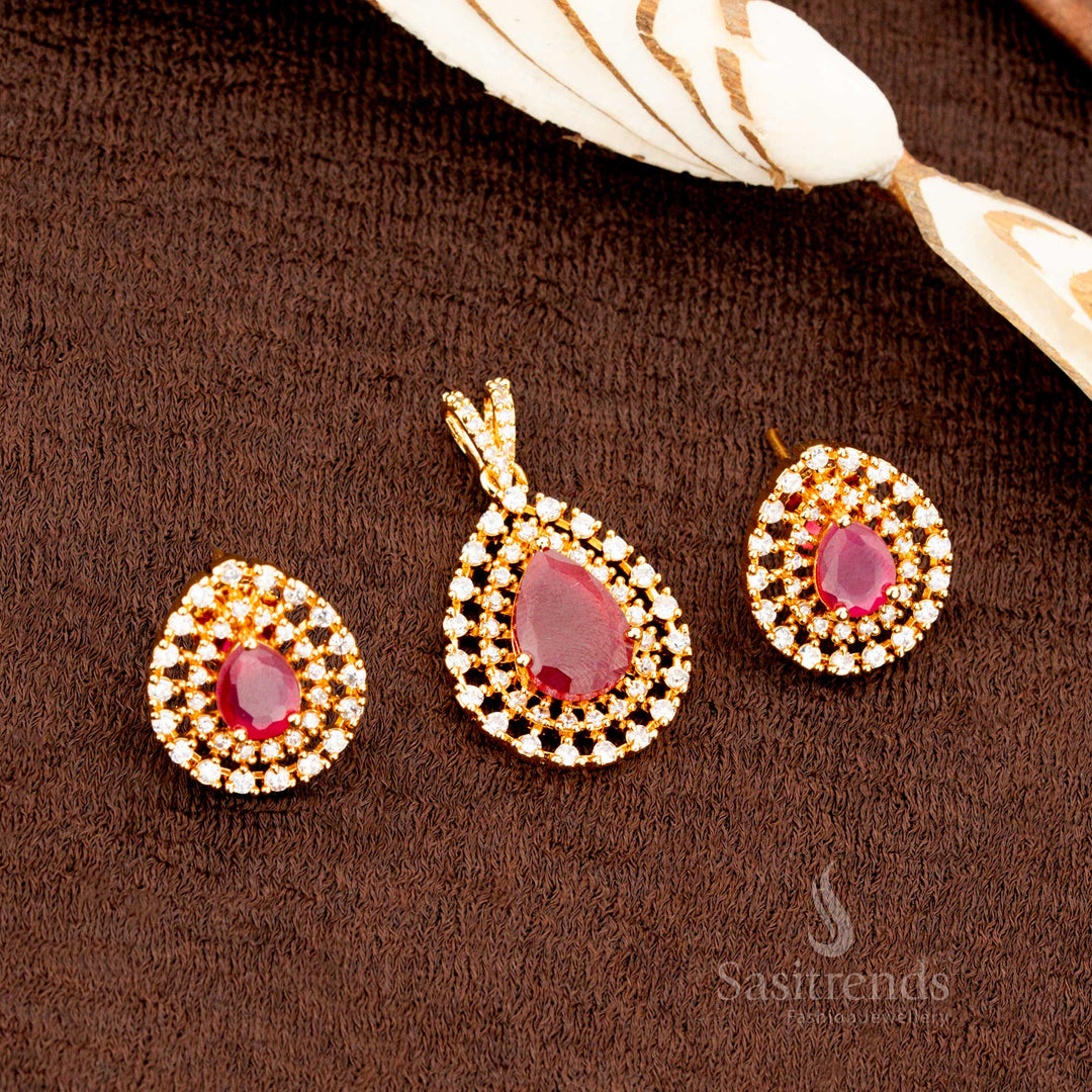 Elegant micro gold plated teardrop pendant set adorned with dazzling ruby AD stones, a perfect choice for bridal jewellery, festive occasions, and ethnic styling - Sasitrends