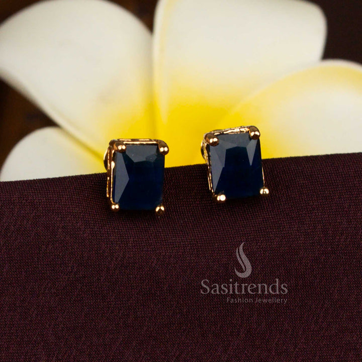 Regal micro gold plated rectangular AD stud earrings in sapphire blue radiating a 24 carat pure gold look perfect for bridal functions, party celebrations, and cultural wear - Sasitrends