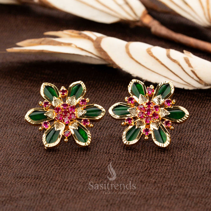 Exquisite micro gold plated Kerala traditional floral 6 Nagapadam earrings featuring rich green Palakka stones with sparkling AD embellishments - Sasitrends