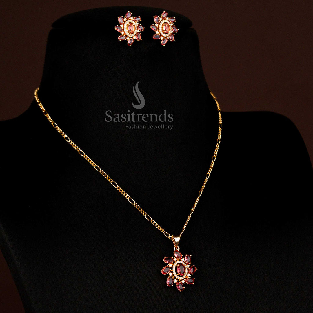 Majestic micro gold plated American diamond oval stone necklace in Red with earrings for traditional and festive style - Sasitrends