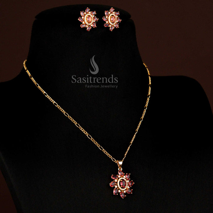 Majestic micro gold plated American diamond oval stone necklace in Red with earrings for traditional and festive style - Sasitrends